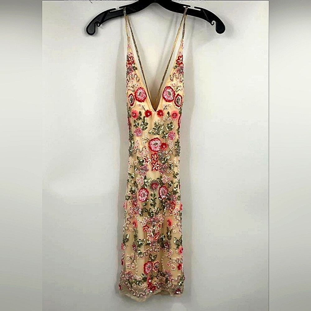 NEW Primavera Couture Designer Embroidered Multicolor Floral Dress Flowers XS /S